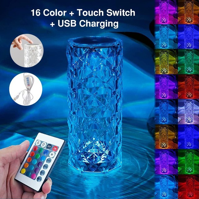 16-Color LED Crystal Rose Light Touch Table Lamp